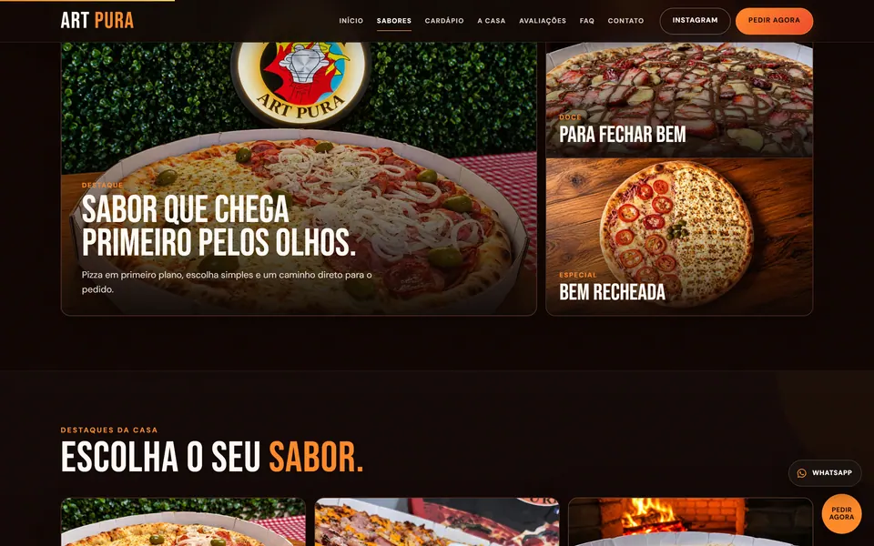 Seção de sabores do site da Pizzaria Art Pura