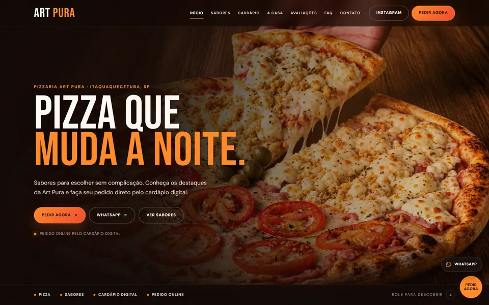 Página inicial do site da Pizzaria Art Pura, com a chamada Pizza que muda a noite