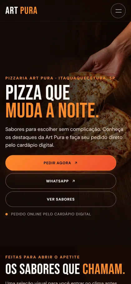 Versão para celular do site da Pizzaria Art Pura