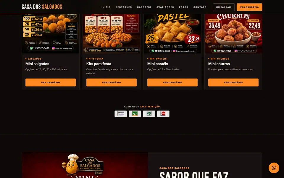 Destaques do cardápio da Casa dos Salgados com kits, mini pastéis e mini churros