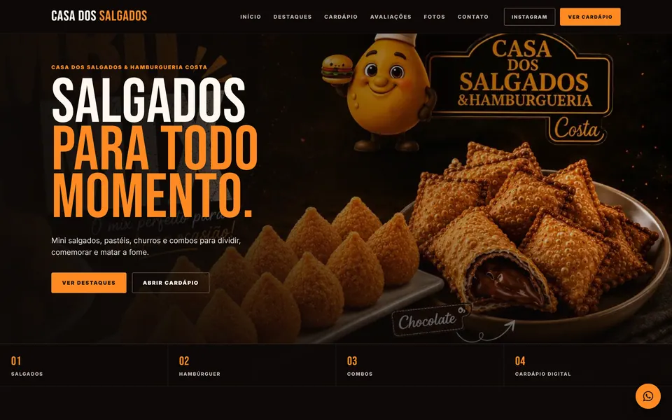 Página inicial do site da Casa dos Salgados & Hamburgueria Costa, com a chamada Salgados para todo momento