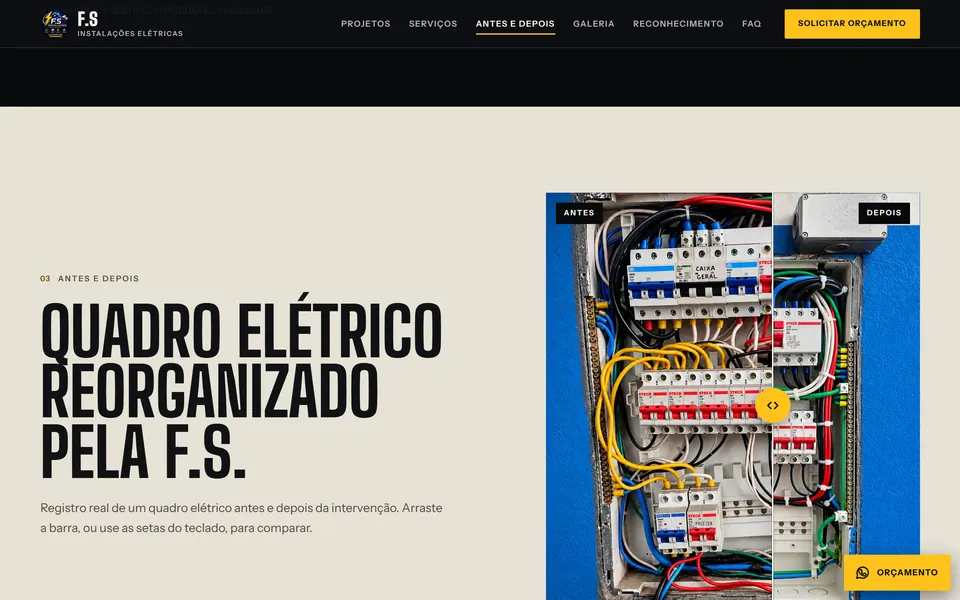 Comparador de antes e depois de um quadro elétrico no site da F.S