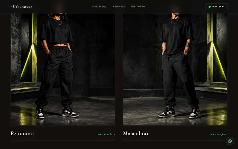 Seção de coleções da Urbanwear com fotos dos looks feminino e masculino